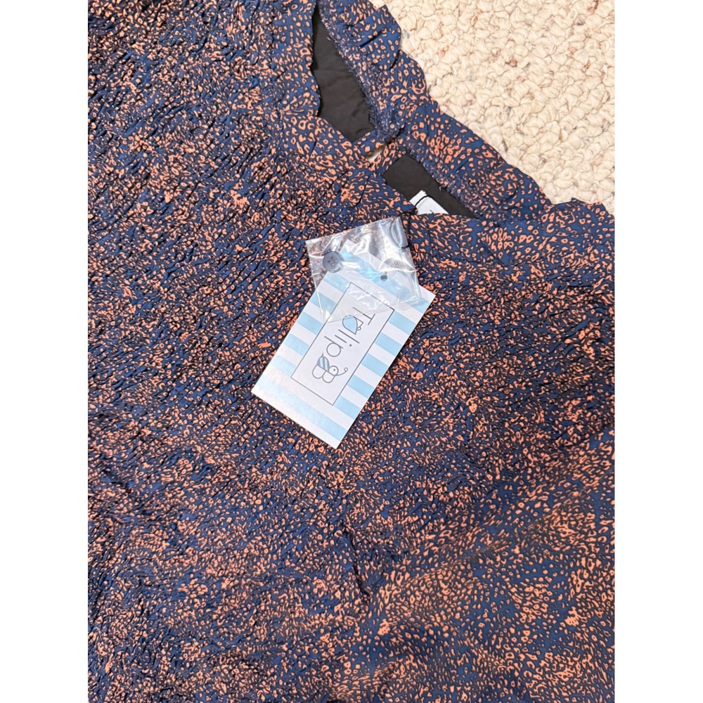 NWT Boho Navy Rust Midi Dress Ruffle Neck Puff Sleeve Cottagecore S Tulip B - Picture 6 of 8
